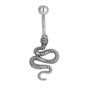 Detailed close-up of silver snake belly button ring with oxidized steel scale texture