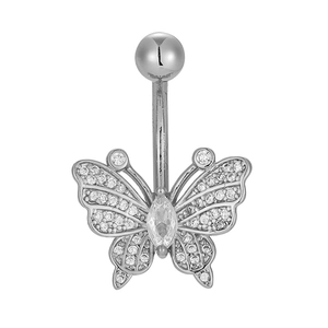 Detailaufnahme von 316L-Edelstahl-Bauchnabelpiercing mit Zirkonia-Schmetterling