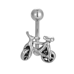 Detailed macro view of a 316L stainless steel belly button ring with a vintage bicycle charm