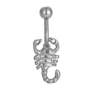 Silver scorpion belly button ring made of 316L stainless steel with curved barbell