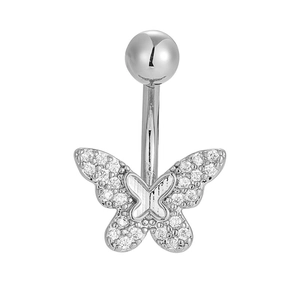 Macro detail of silver bow belly button ring with micro-pave sparkling white cubic zirconia