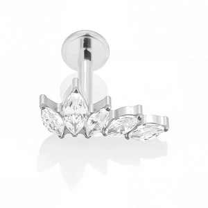 Detail of titanium flat back stud with five marquise-cut zircon stones in a fan cluster shape