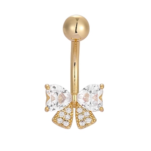 Golden butterfly navel ring with heart-shaped cubic zirconia and micro-pave detailing