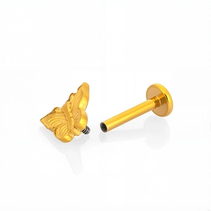 Polished golden stainless steel butterfly labret stud jewelry with flat back screw design