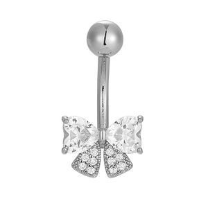 Detail of silver bow belly ring featuring two heart-shaped clear cubic zirconia stones