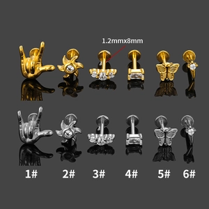 316L stainless steel labret studs with butterfly and floral charms in gold and silver finish