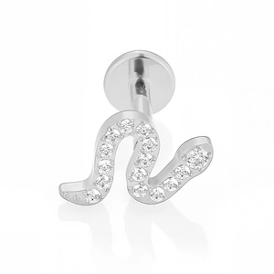 Close-up of snake-shaped F136 titanium labret stud with 14 micro-pave zircons