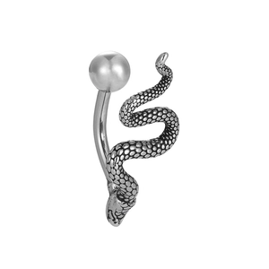 Gothic 316L stainless steel belly button ring featuring a detailed silver snake carving