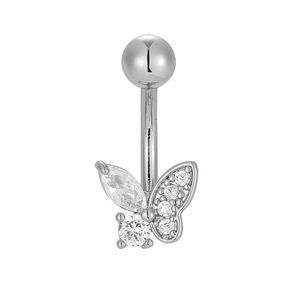 Detailaufnahme der 316L Schmetterling Bauchnabelpiercing aus Edelstahl mit Zirkonia-Steinen