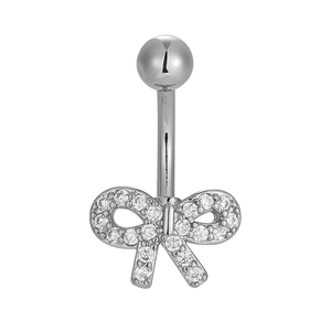 Detailed view of polished silver bow navel ring with shimmering zircon micro-pave setting