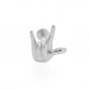 Close-up of 316L stainless steel labret stud featuring a polished I Love You hand gesture