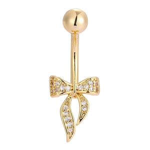 Elegant gold bow belly button ring with sparkling zircon stones on white background