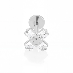 Detail of titanium flat back stud with four-star cross-set square cubic zirconia