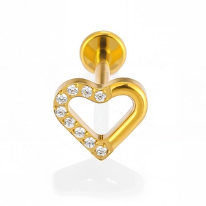 Macro view of gold F136 titanium heart labret with nine micro-set sparkling zircons