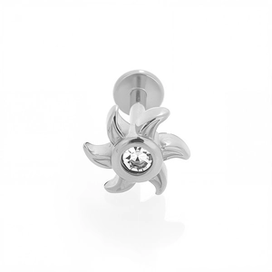 Macro shot of 316L stainless steel labret stud with flower design and clear zircon stone