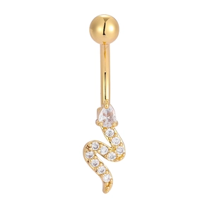 Macro detail of golden snake navel ring with sparkling white zircon stones and curved bar
