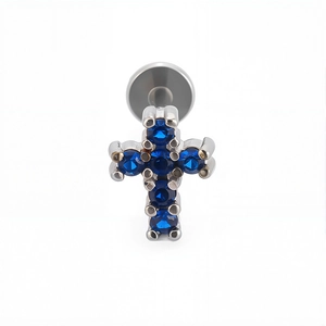 Piercing labret in acciaio 316L con croce in zircone blu per labbra e orecchie
