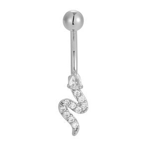 Macro detail of silver snake belly ring featuring a pear-cut zircon and micro-pave stones