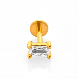 Detail shot of a 316L gold stainless steel flat back labret stud with rectangular zircon