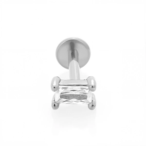 Close-up of rectangular crystal flat back stud earring with 316L stainless steel prong setting