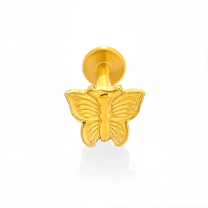 Detailed view of a golden butterfly flat back stud earring made of 316L stainless steel