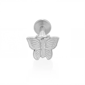 Detailed close-up of a silver 316L stainless steel butterfly labret with embossed wings