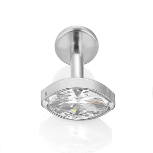 Close-up of F136 titanium labret with marquise-cut zircon and flat back base