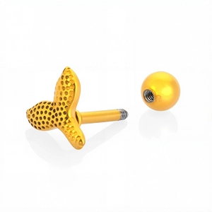 Golden fish tail stainless steel piercing earring with zircon and ball screw back closure