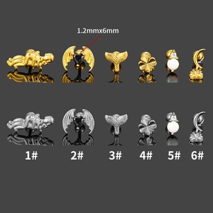Stainless steel cartilage studs set with zircon wings and fish tail in gold and silver
