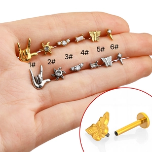 316L Stainless Steel Zirconia Lip Stud Earring Butterfly Hand Gesture Internally Threaded Flat Back Body Piercing Jewelry