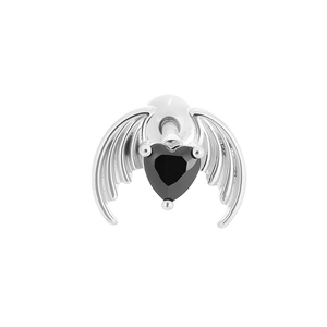Detailed close-up of gothic wing cartilage stud with black heart zircon and ball back