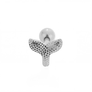 Detail of silver fish tail cartilage stud earring with textured finish and screw back