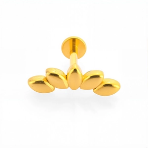 Primer plano de labret dorado en forma de abanico de acero inoxidable 316L para piercing