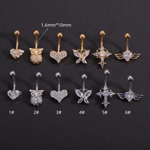Collection of zircon belly rings in gold and silver finish with owl and butterfly designs