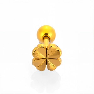Close-up of golden clover cartilage stud earring with high-polish finish and ball screw back
