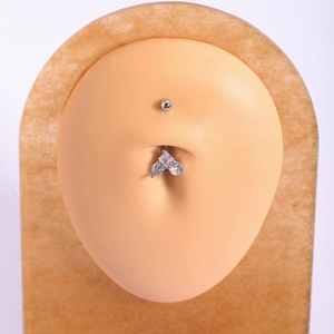 Silver 316L stainless steel belly button ring with three clear sparkling zircons