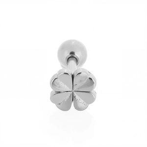 Polished silver stainless steel clover barbell stud earring with high mirror finish