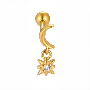 Detailed close-up of golden stainless steel ear stud with star-shaped cubic zirconia pendant