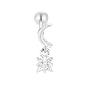 Detail view of surgical steel cartilage stud with crescent moon and star pendant charms