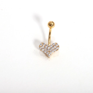 Detailed view of a golden heart belly ring with sparkling zircon pavé and curved bar