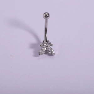 Close-up of 316L stainless steel navel ring with silver marquise-cut zircon stones