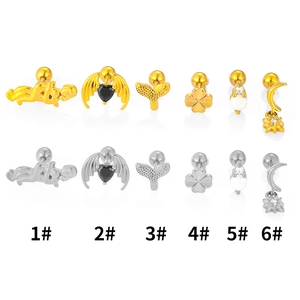 Stainless steel cartilage studs set with zircon wing heart and moon designs