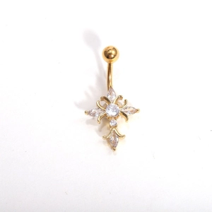 Detailed view of golden cross belly ring with sparkling marquise and round zircon stones