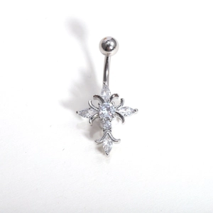 Polished stainless steel navel piercing with zircon encrusted gothic cross pendant