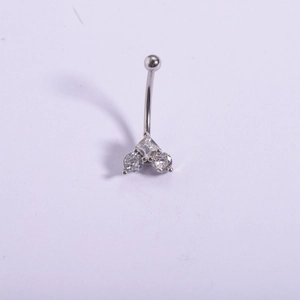 Detail of 316L stainless steel navel ring with triple clear zircon cluster and curved bar