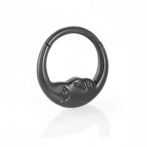 Detailed view of a black 316L stainless steel hinged hoop featuring a 3D moon face relief