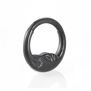 Macro shot of black 316L stainless steel nose ring with a crescent moon face design