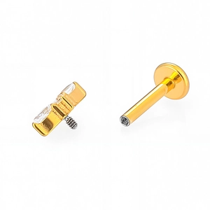 Gouden G23 titanium labret piercing met rechthoekige zirkoon en interne schroefdraad