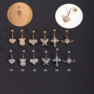 316L Stainless Steel Zirconia Navel Piercing Ring Heart Owl Butterfly Cross Angel Wings Dangle Navel Stud Body Jewelry