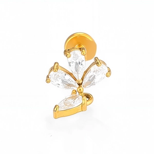 316L gold stainless steel labret stud with pear-shaped cubic zirconia crown flower